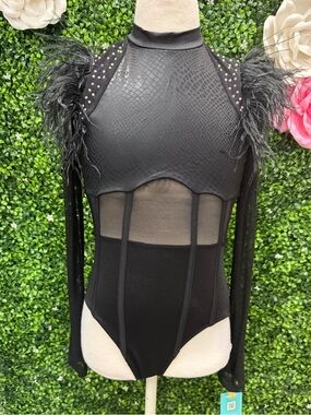 Black Feathered Mesh Panel Bodysuit